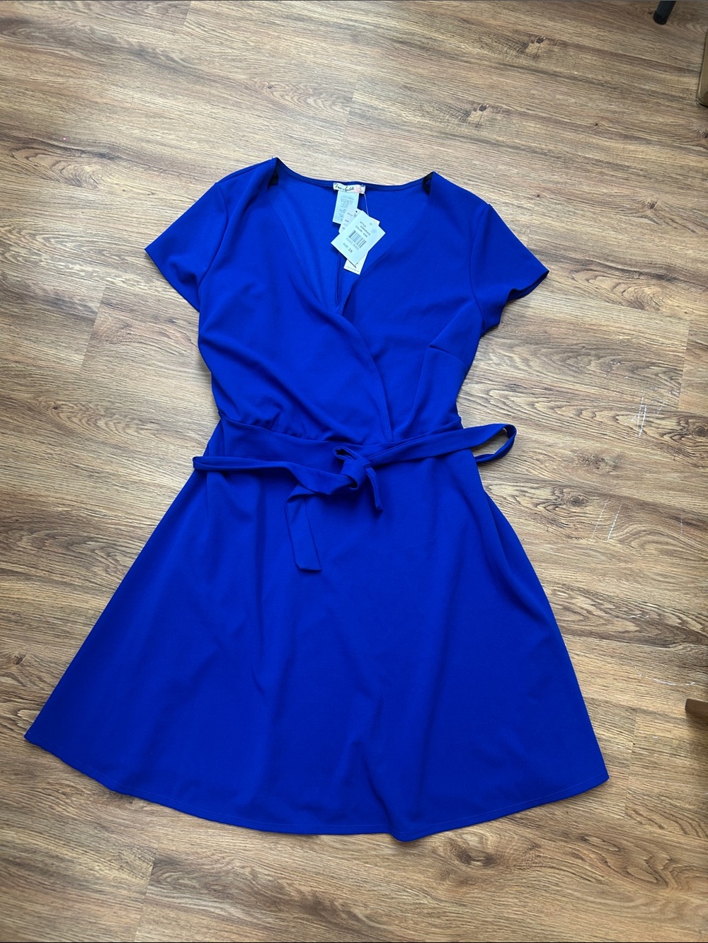 Blue Wrap-Style Short Sleeve Dress with Waist Tie
